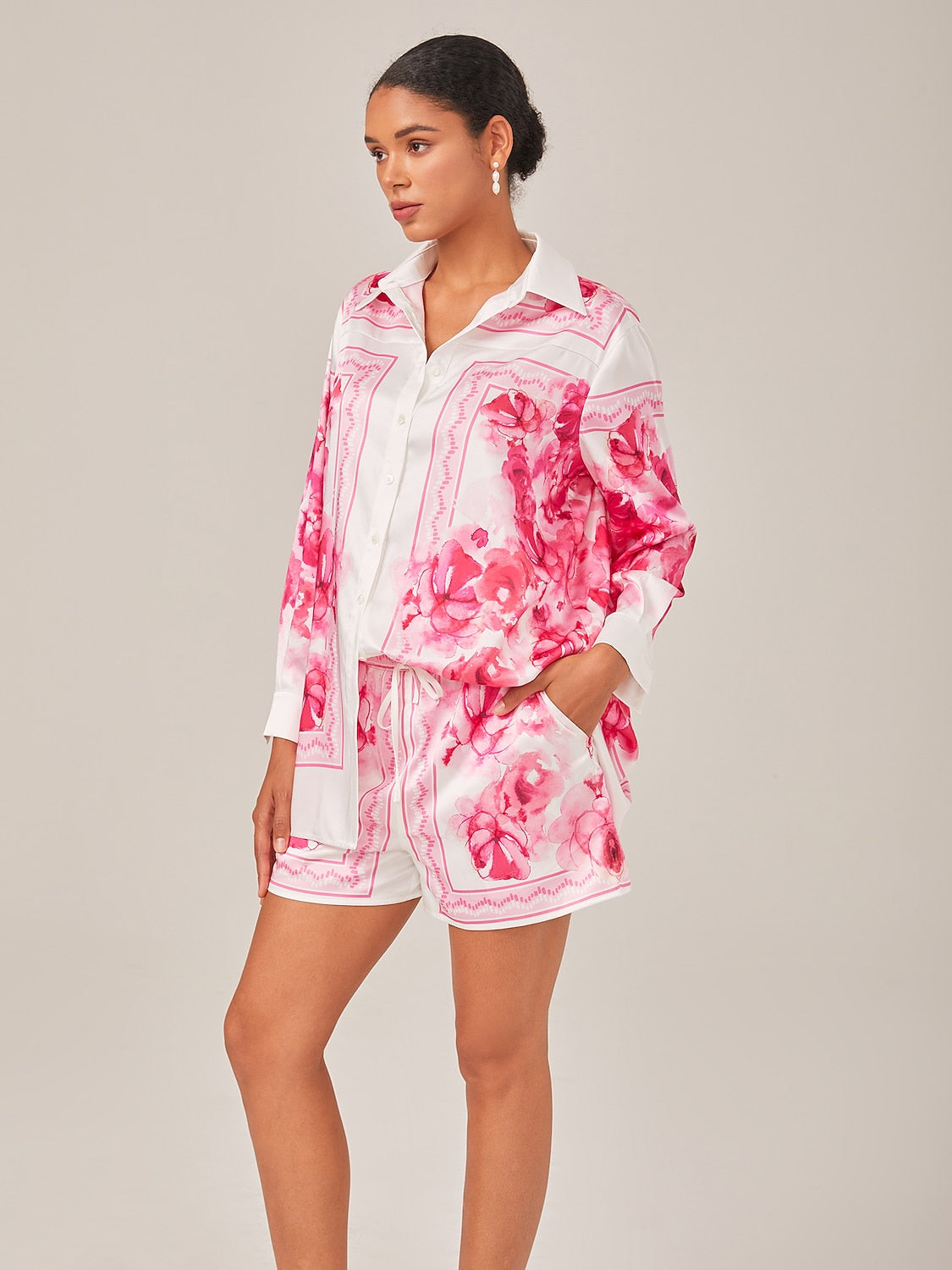 Satin Floral Print Adjustable Drawstring Casual Shorts