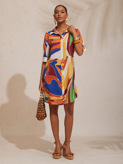 Vacation Geometric Color Block Pattern Straight Satin Shirt Dress