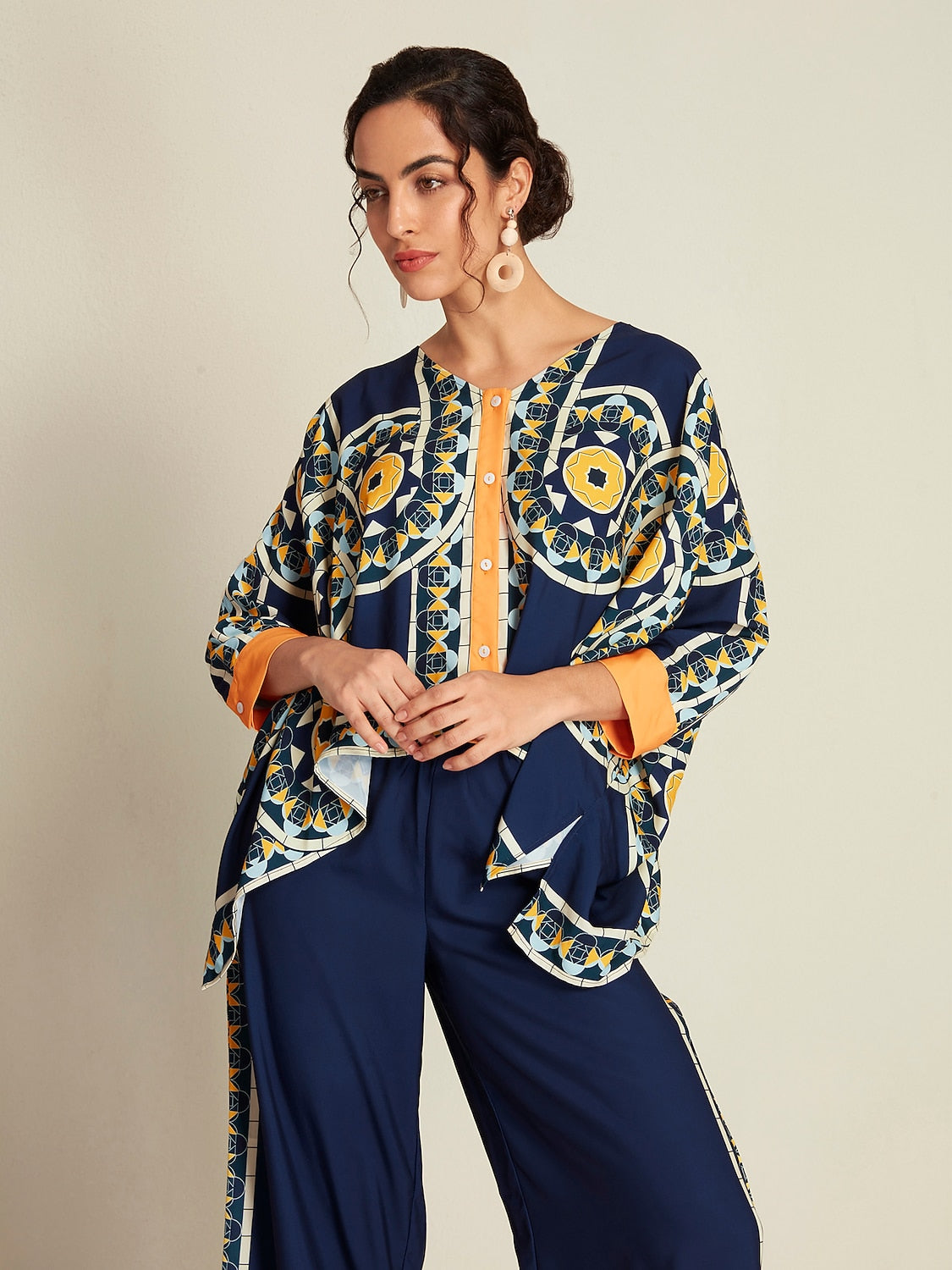 Navy Blue Folk Magyar Long Sleeve V-Neck Irregular Hem Casual Blouse