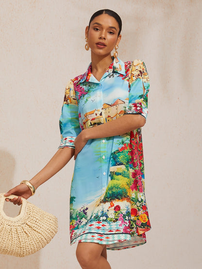 Vacation Scenic Floral Print Straight Satin Shirt Dress