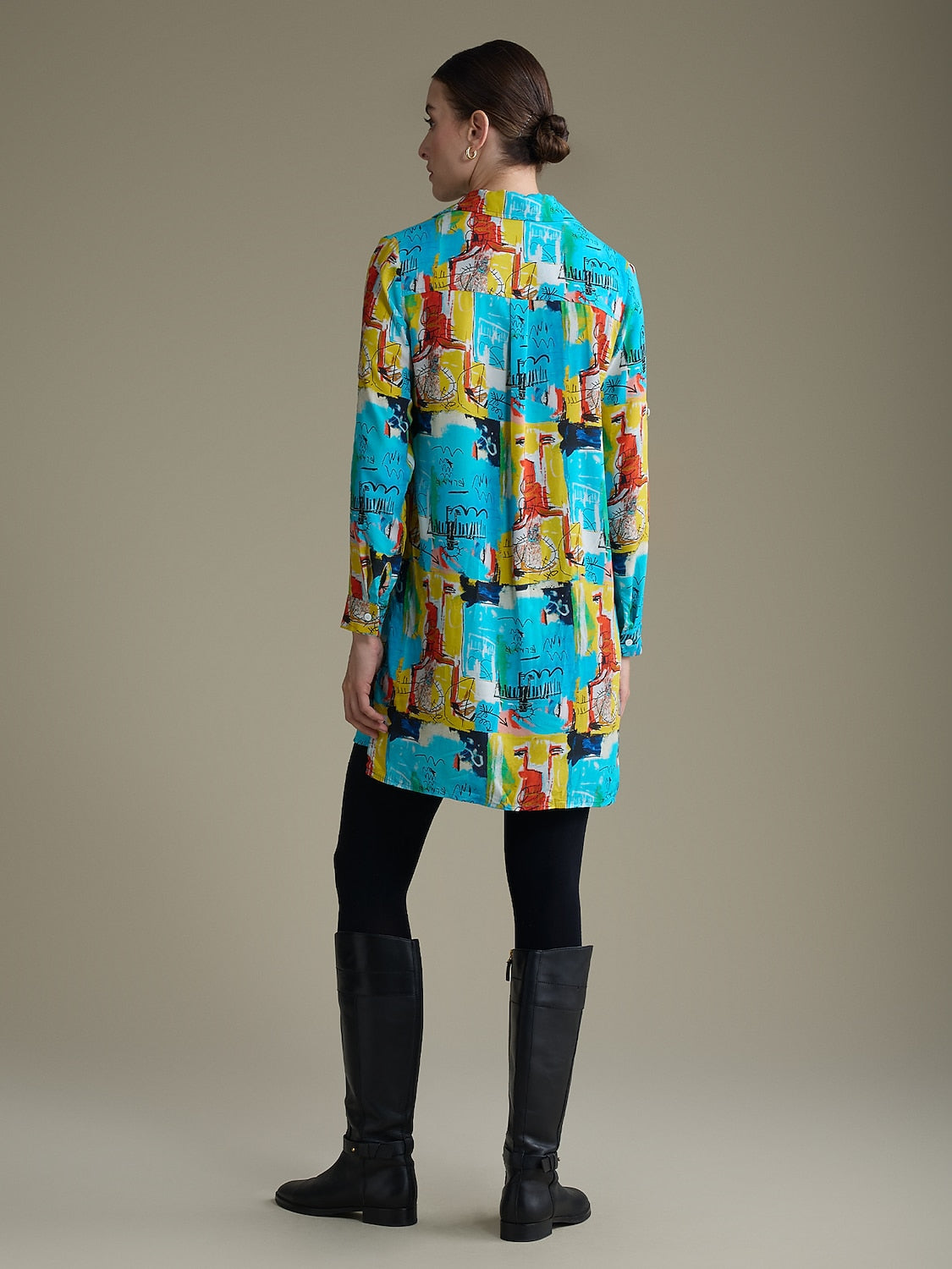 Rayon Graffiti Cuff Lapel Mini Shirt Dress