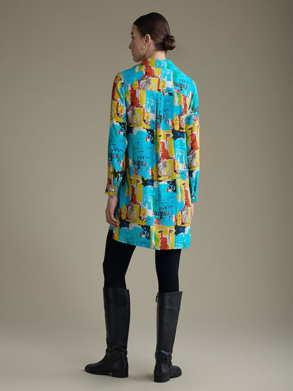 Rayon Graffiti Cuff Lapel Mini Shirt Dress