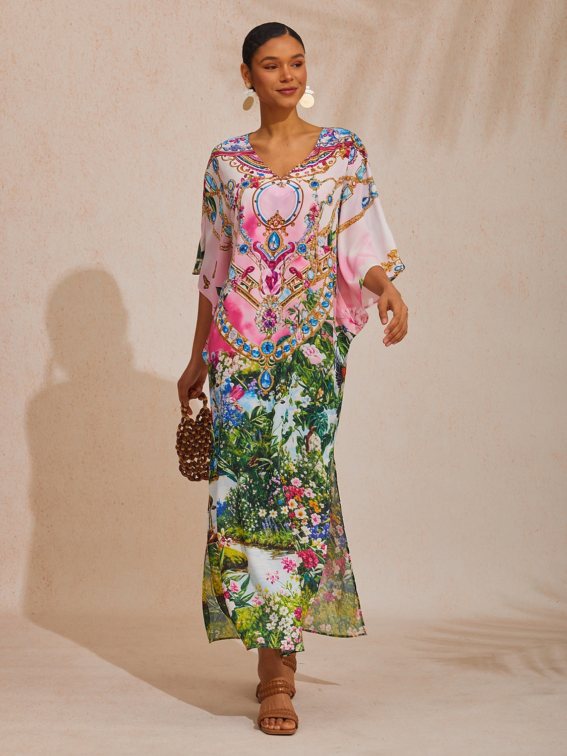 Vacation Jungle Print Dolman Sleeve Chiffon Maxi Dress