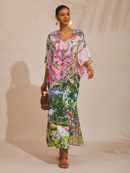 Vacation Jungle Print Dolman Sleeve Chiffon Maxi Dress