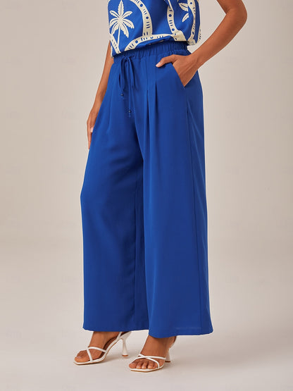 Elastic Chiffon Waist Drawstring Wide Leg Resort Pants