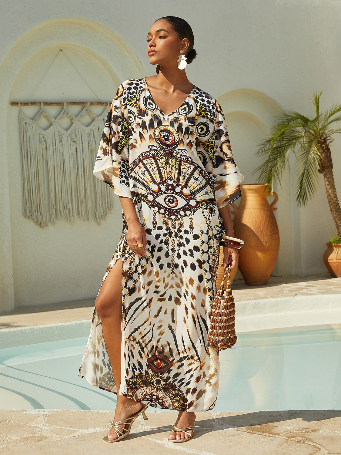 Vacation Leopard Motif Dolman Sleeve Loose Fit Chiffon Maxi Dress