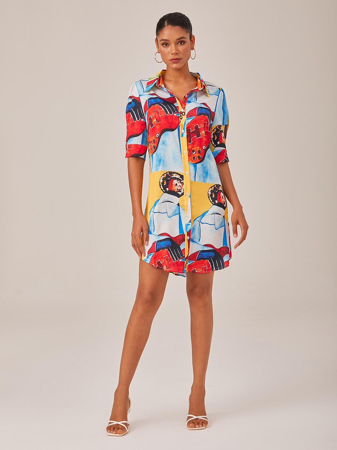 Mini Shirt Dress Satin Artistic Down Straight Fit