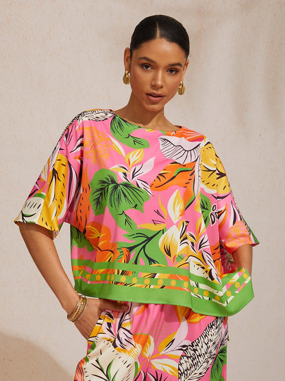 Summer Night Palm Silky Satin Dolman Sleeve Top