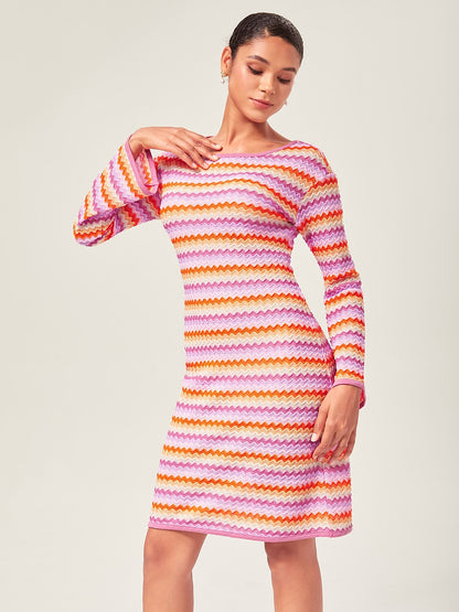 Elegant Rainbow Wave Stretch Knit Mini Dress