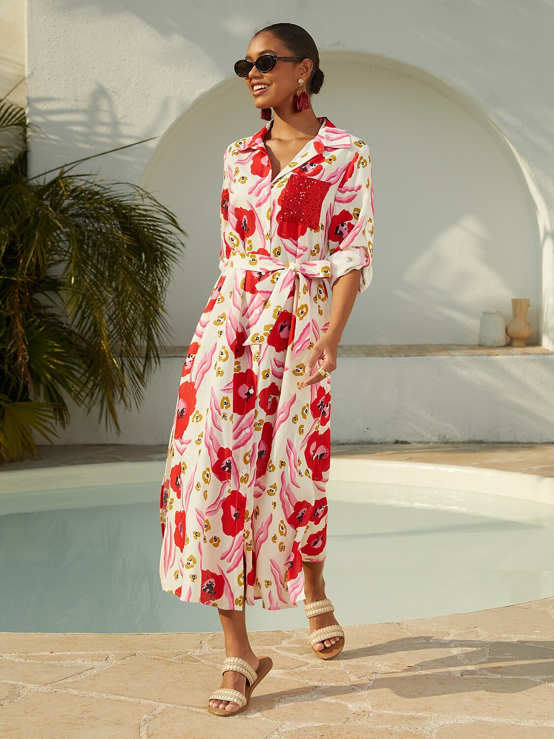 Vacation Blue Floral Straight Linen-Like Shirt Dress