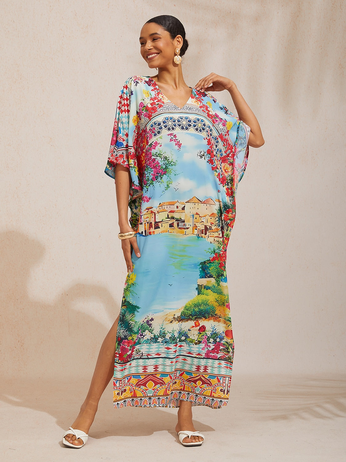 Mallorca Blossom Flowy Chiffon Dolman Sleeve Maxi Dress