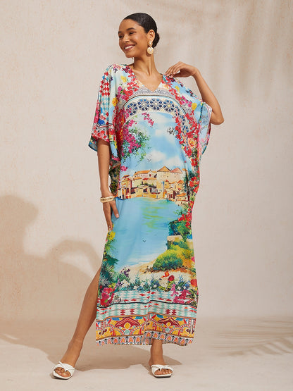 Mallorca Blossom Flowy Chiffon Dolman Sleeve Maxi Dress