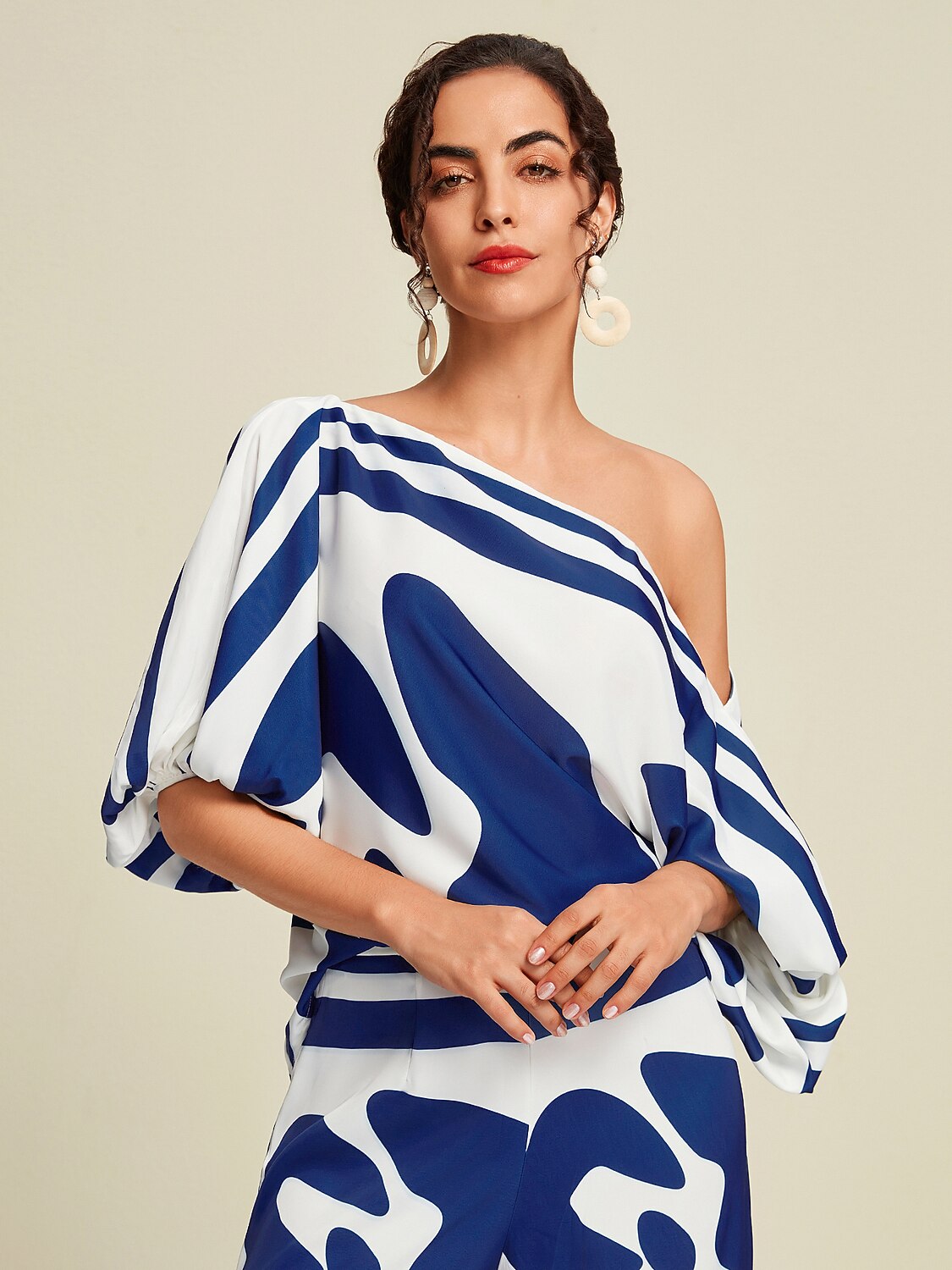 Satin Abstract Puff Sleeve Bateau Blouse