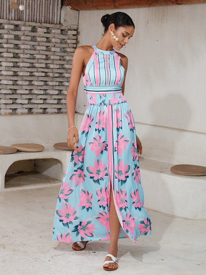 Satin Print Halter Backless Maxi Dress