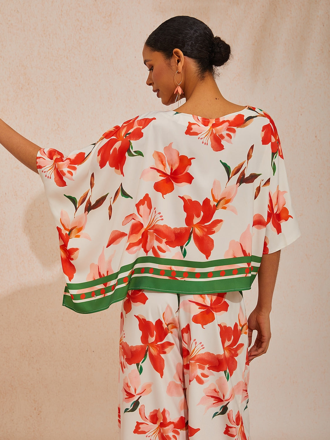 Vacation Color-Block Floral Dolman Sleeve Satin Top