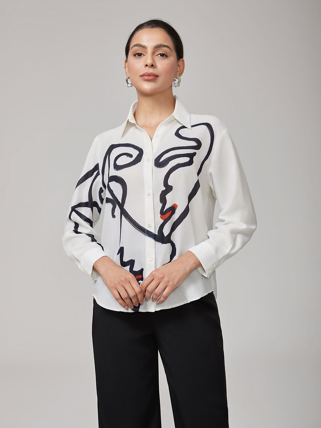 White Artistic Print Long-Sleeve Shirt