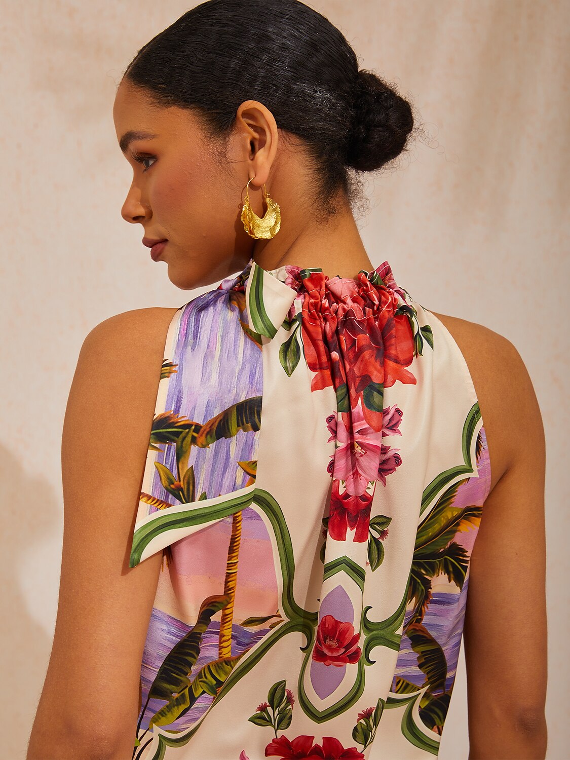 Vacation Placement Floral Stand Collar Shirred Satin Top