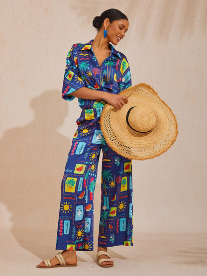 Vacation Tropical Motif Print Straight Satin Pants