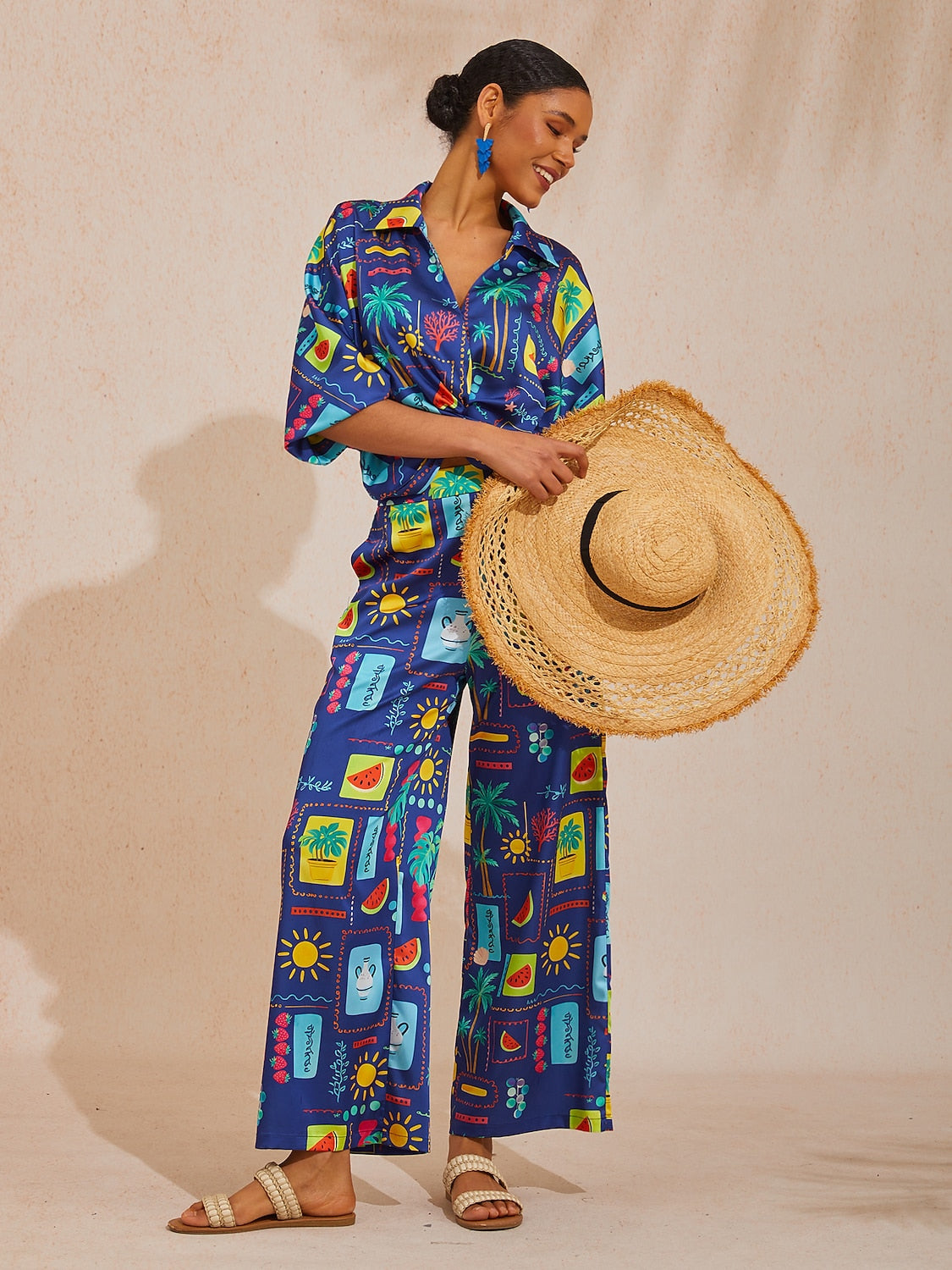 Vacation Geometric Tropical Print Dolman Sleeve Satin Short Shirt