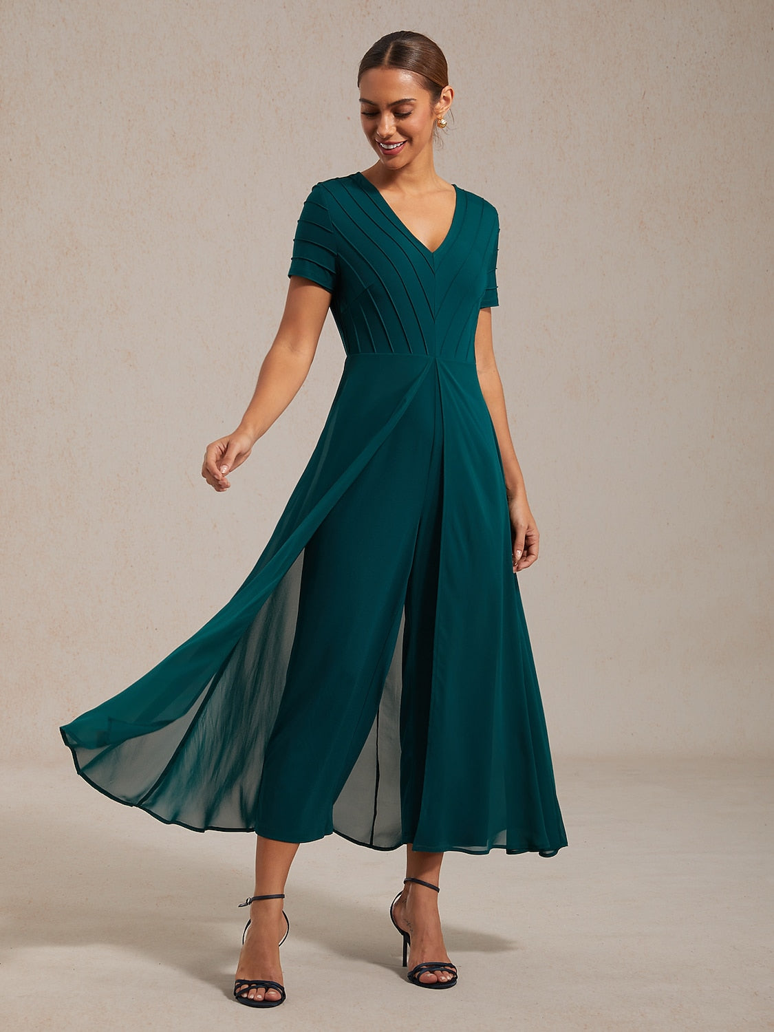 Paneled Design Faux Flowy Sheer Stretch Fabric Jumpsuit