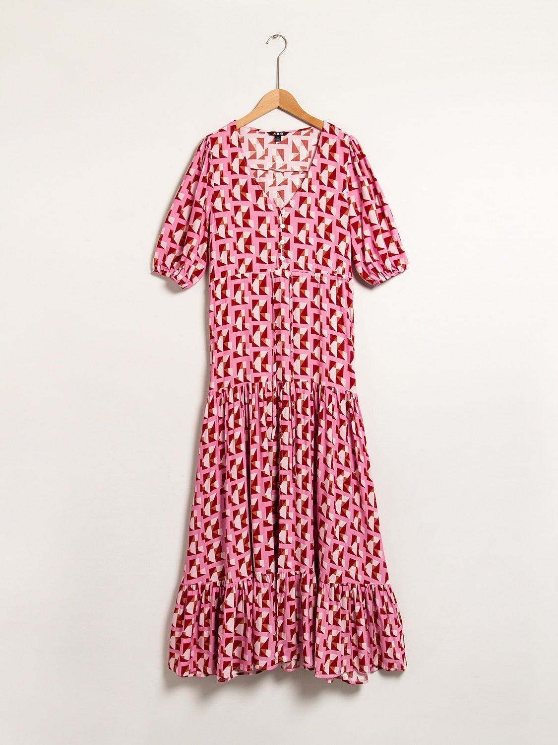 Resort Maxi Dress Pink Short Geometic Drawstring