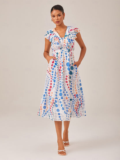 Colorful Polka Dot Chiffon Ruffled Waisted Dress