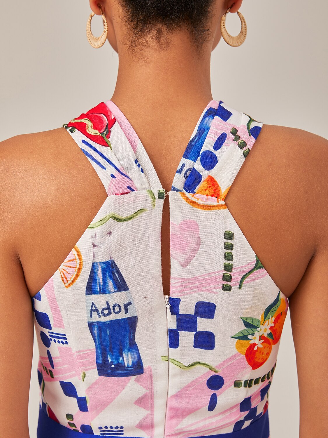 Tropical Fruit-Vegetable Print Halter Neck Long Dress