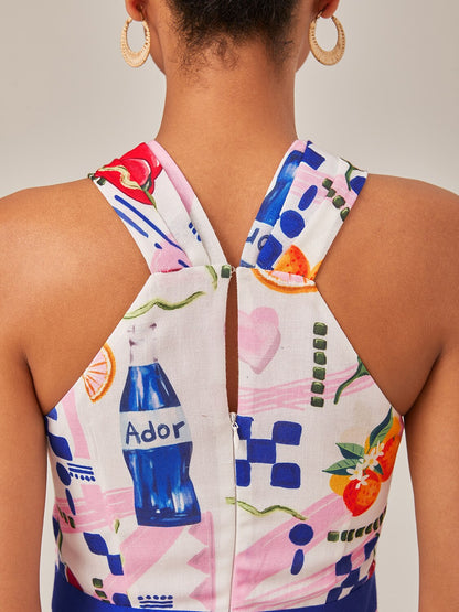 Tropical Fruit-Vegetable Print Halter Neck Long Dress