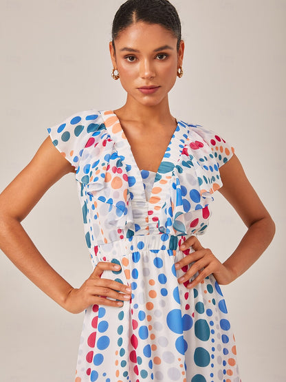 Colorful Polka Dot Chiffon Ruffled Waisted Dress