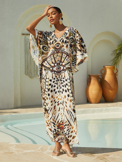 Vacation Leopard Motif Dolman Sleeve Loose Fit Chiffon Maxi Dress