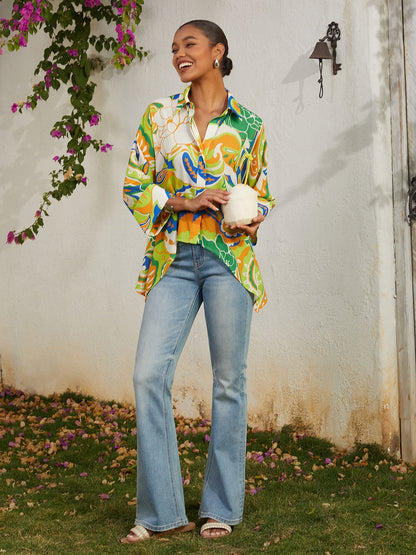 Vacation Green Floral Dolman Sleeve High Low Chiffon Short Shirt