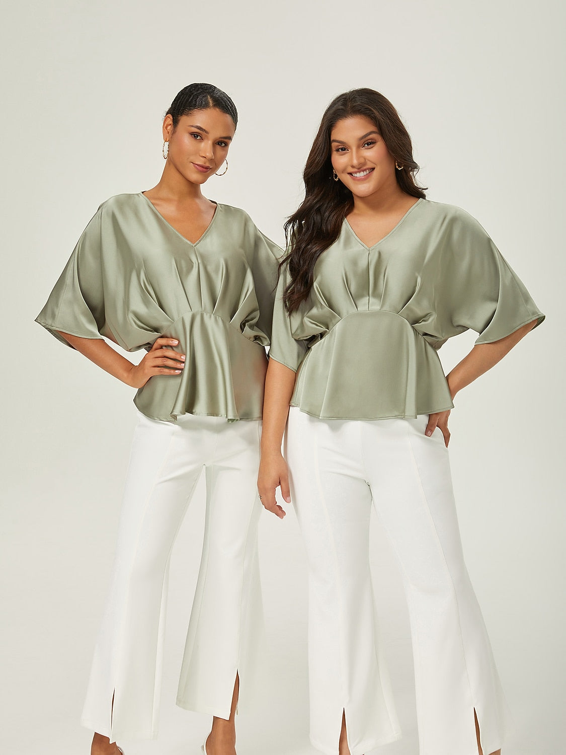 Satin Dolman Sleeve Inverted Pleat V-Neck Top