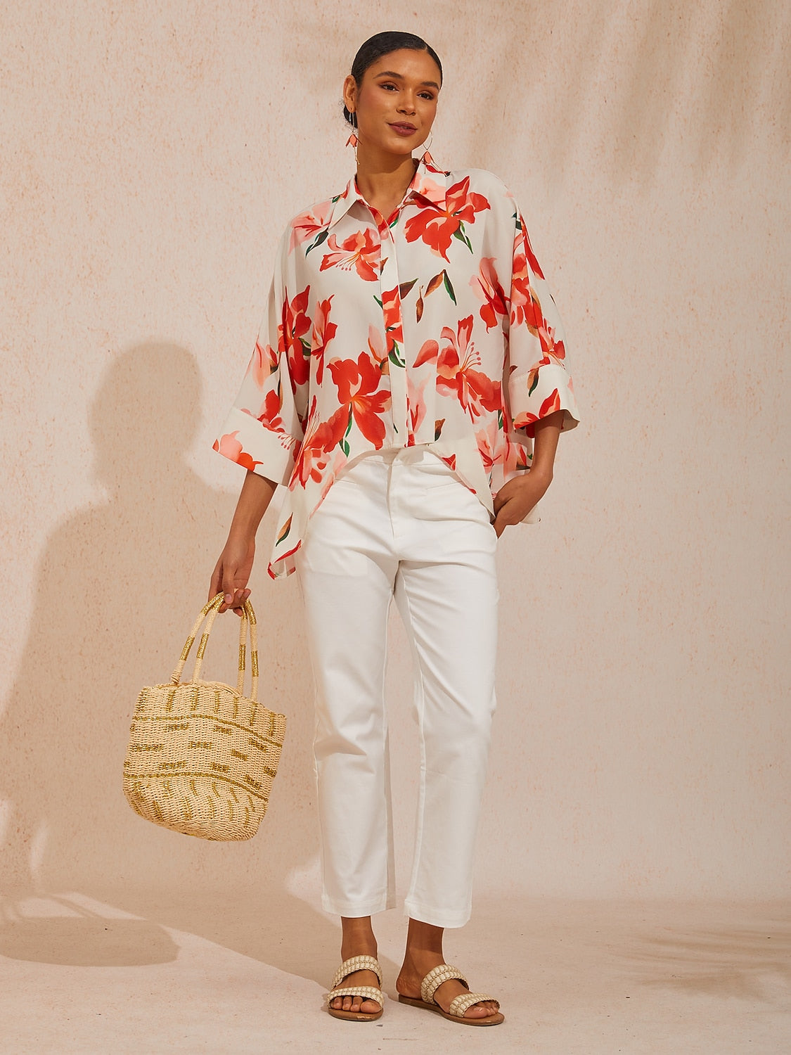 Vacation Pink Floral Dolman Sleeve Chiffon Shirt