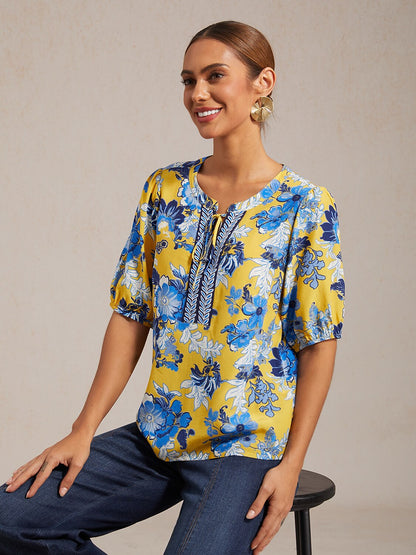 Viscose Round Neck Artistic Floral Print Vacation Top