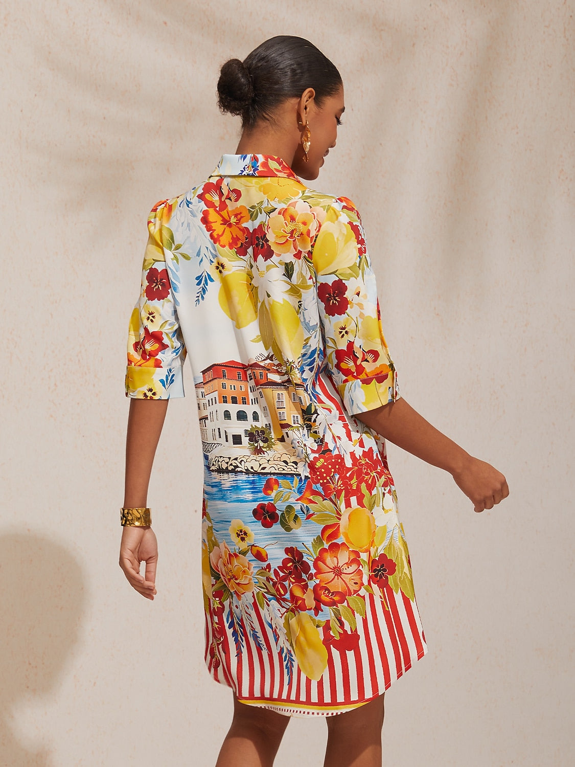 Vacation Scenic Floral Print Straight Satin Shirt Dress