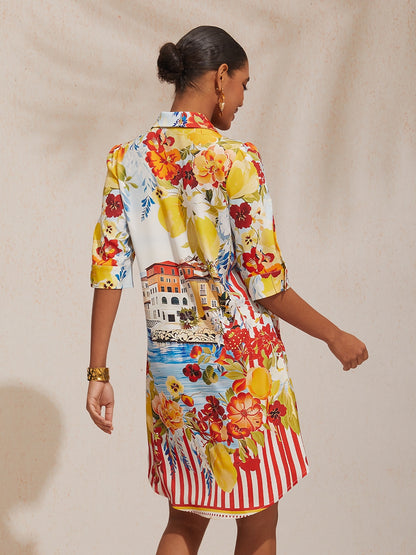 Vacation Scenic Floral Print Straight Satin Shirt Dress