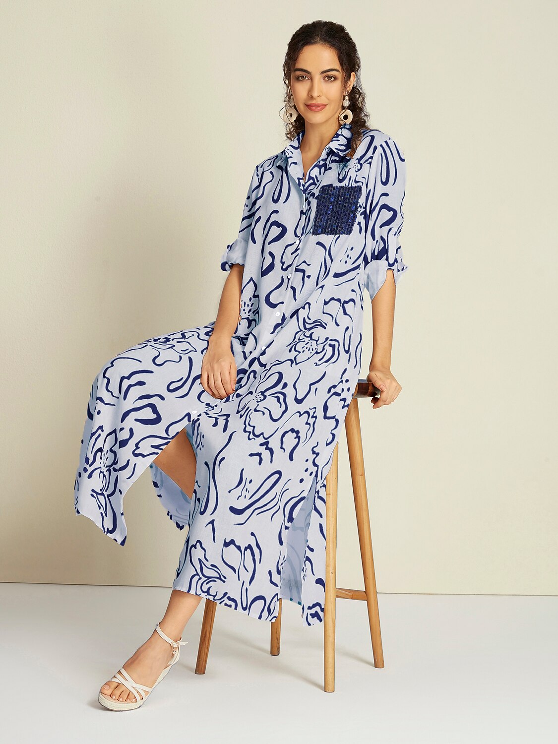 Sequin Apricot Curve Pocket Roll Up Maxi Shirt Dress