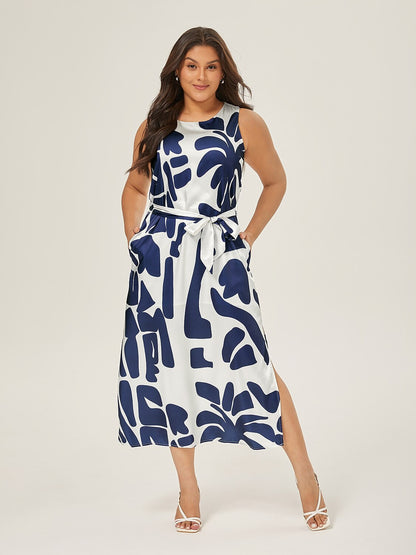 Matte Satin Sleeveless Floral Print Vacation-Style Maxi Dress