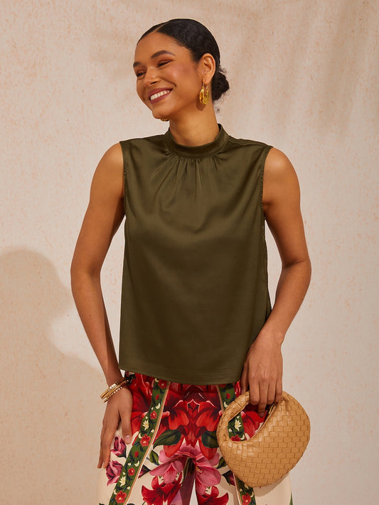 Vacation Stand Collar Sleeveless Satin Top
