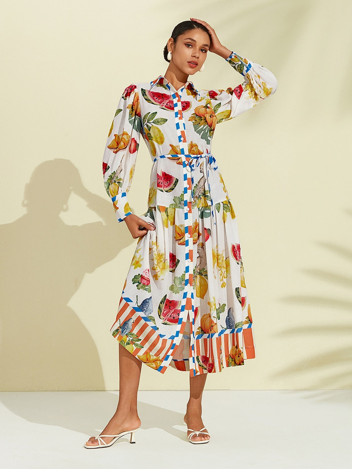 Print Stripe Fruit Midi Shirt Dress