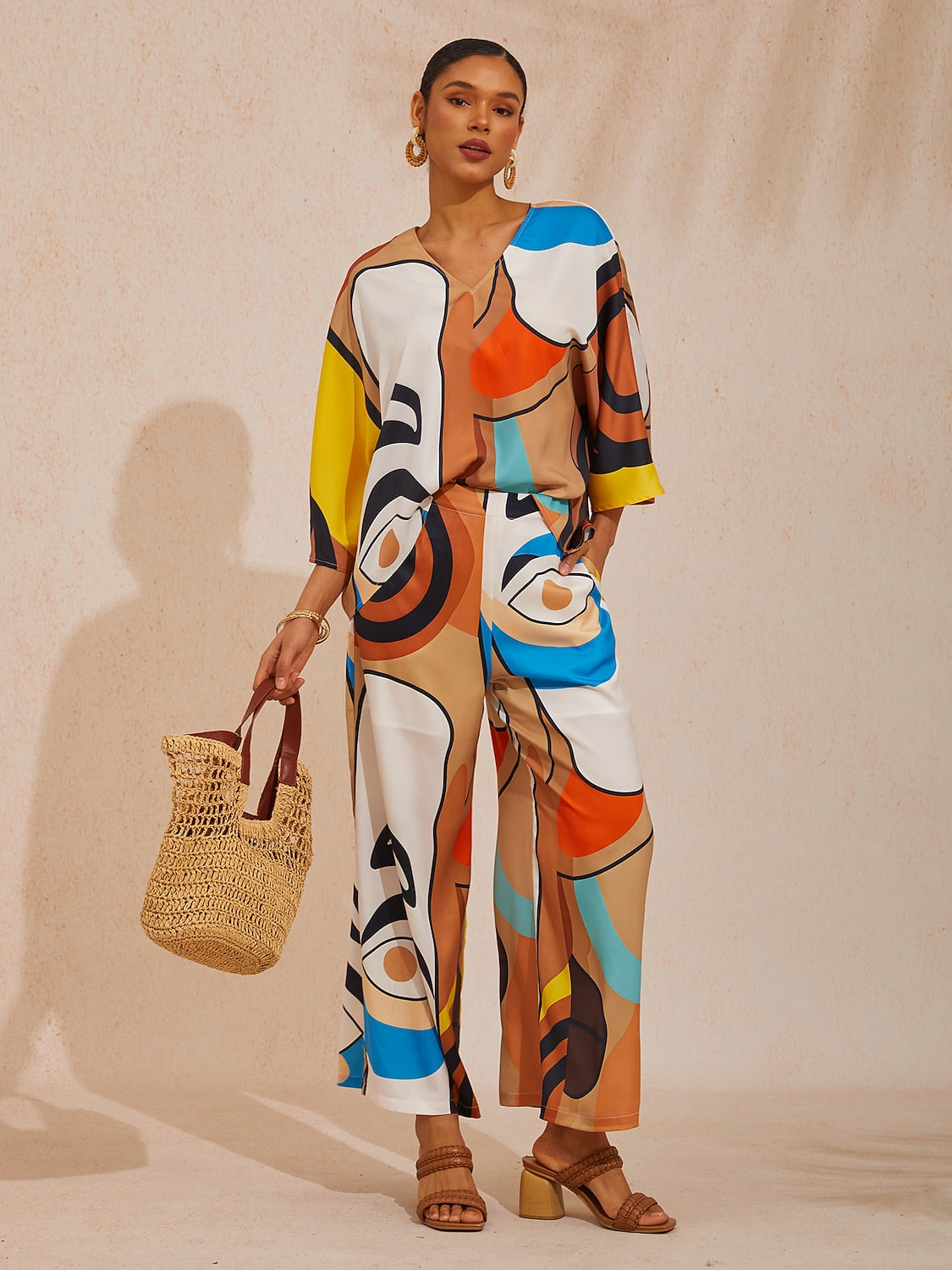 Abstract Art Silky Satin Batwing Sleeve Top