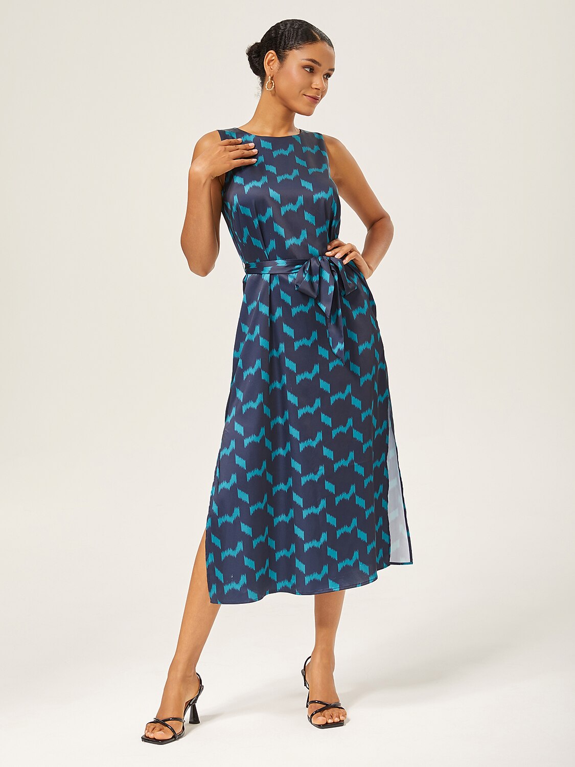 Matte Satin Geometric Sleeveless Maxi Dress