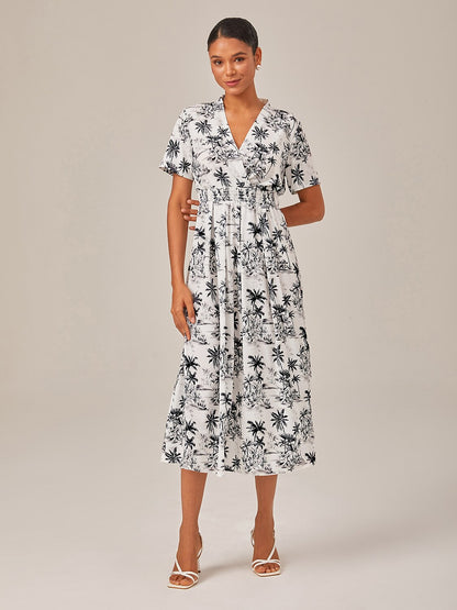 Black & White Beach Print Vacation-Style Midi Dress