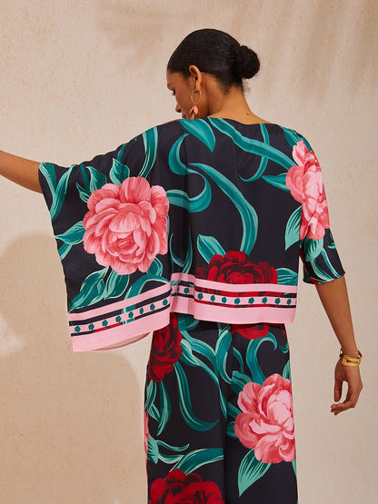 Vacation Contrast Color Artistic Floral Dolman Sleeve Satin Top