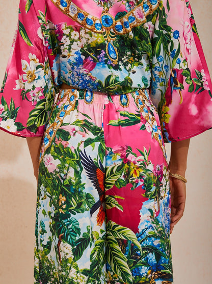 Vacation Jungle Print Straight Satin Wide Leg Pants