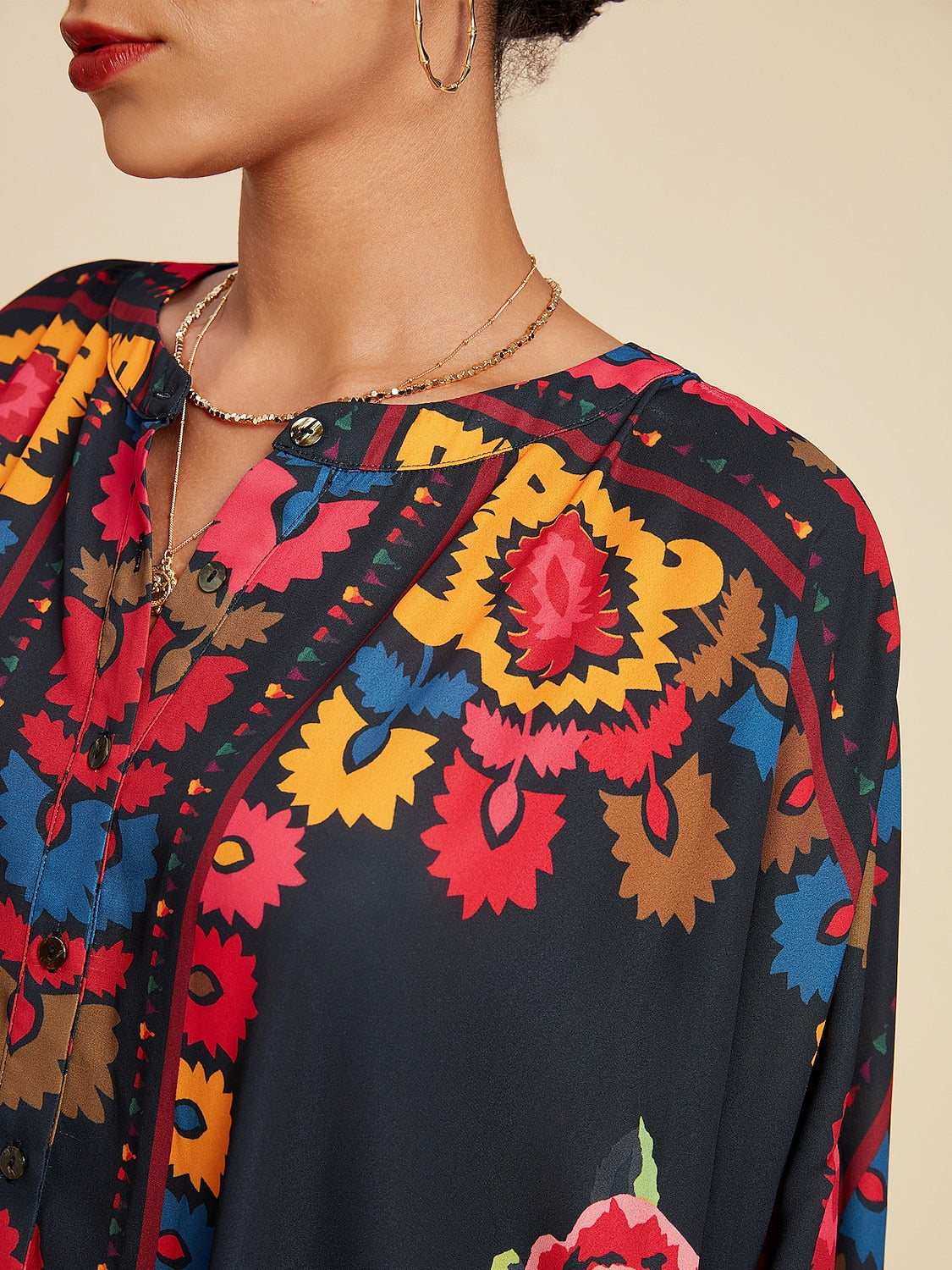 Top Chiffon Floral Print Lapel Ethnic Style