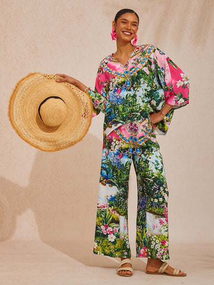 Vacation Jungle Print Straight Satin Wide Leg Pants