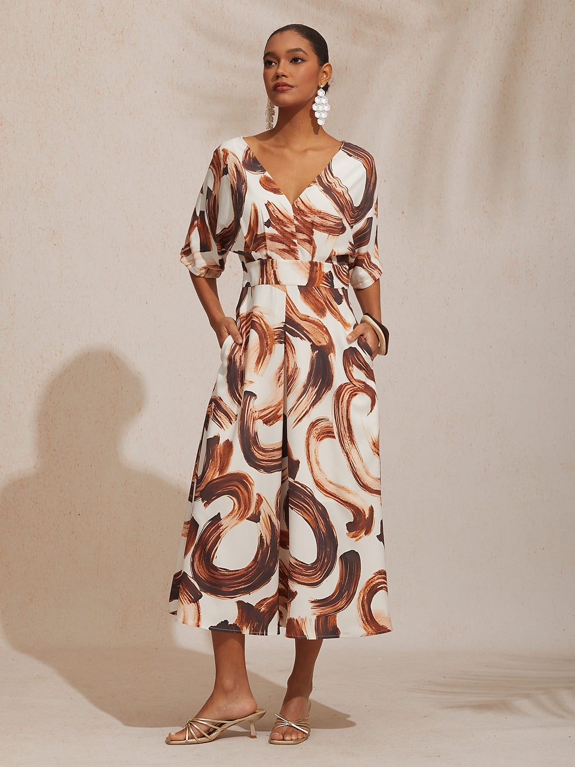 Vacation Abstract Brushstroke Print Waist Cinching Satin Maxi Dress
