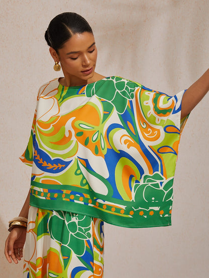 Summer Night Palm Silky Satin Dolman Sleeve Top