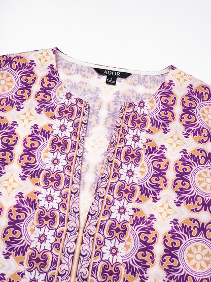 Ethnic Floral Print Notched Collar Vacation Style Maxi Dress